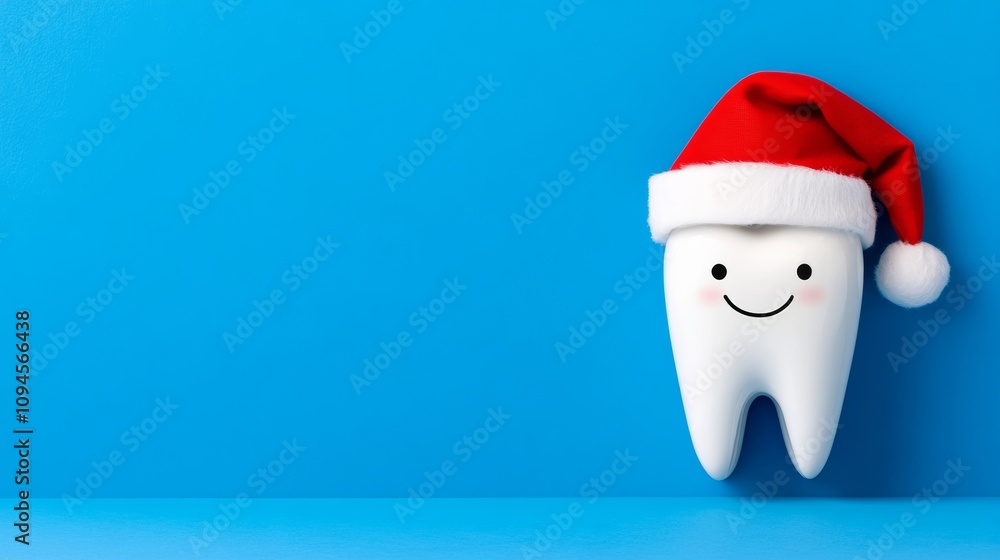 Aufkleber tooth with a red hat on it is smiling. the tooth is on a blue background. the tooth is smiling becau