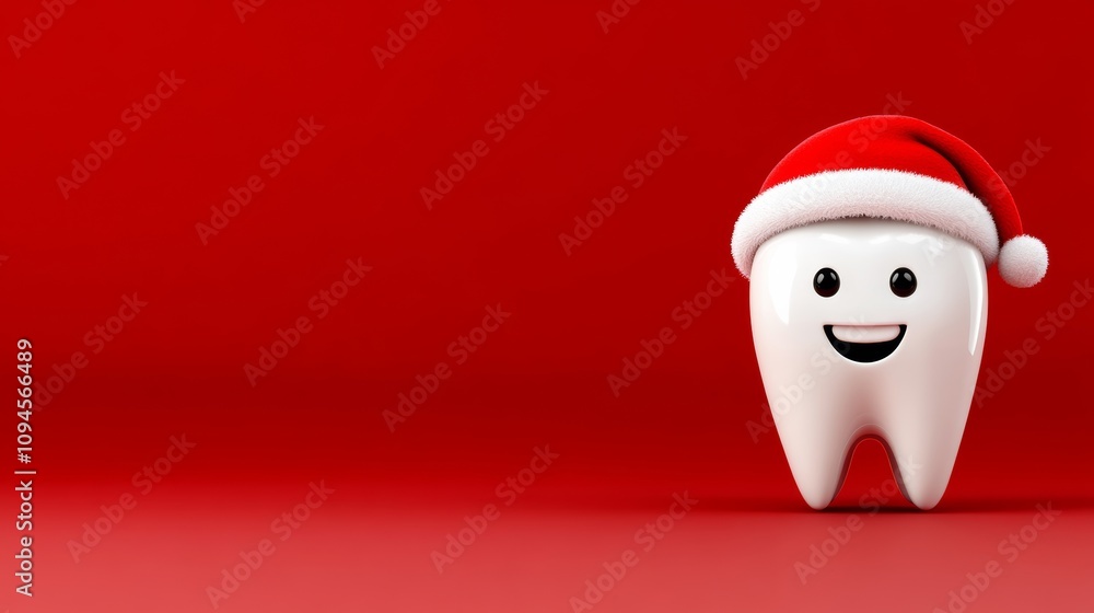Poster tooth with a red background and a red hat on it. the tooth is smiling and he is happy