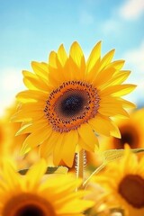 Obraz premium Sunflower blooming in vibrant field under bright blue sky during midday