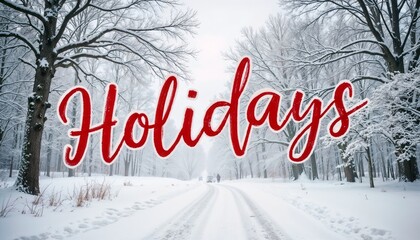 Snowy road in a winter forest with a decorative "Holidays" text overlay