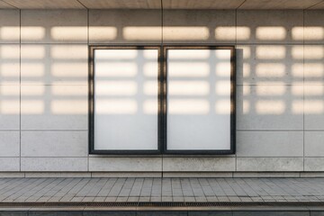 Dual blank white posters with black metal frames on smooth concrete wall, natural daylight and soft shadows adding depth to minimalist composition