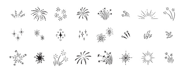 Set of cute fireworks line doodle elements. Lightning, explosion, sunburst, fireworks, bling, motion effects Party, birthday, anniversary and Christmas.