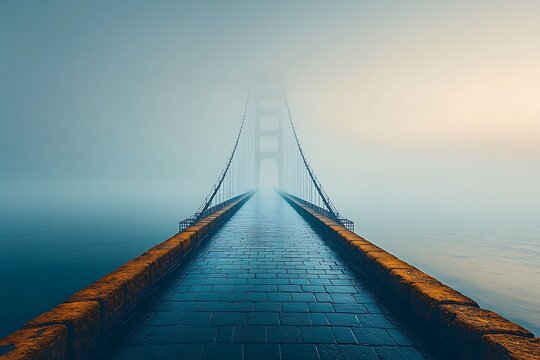 Golden Gate Bridge in the fog at sunrise