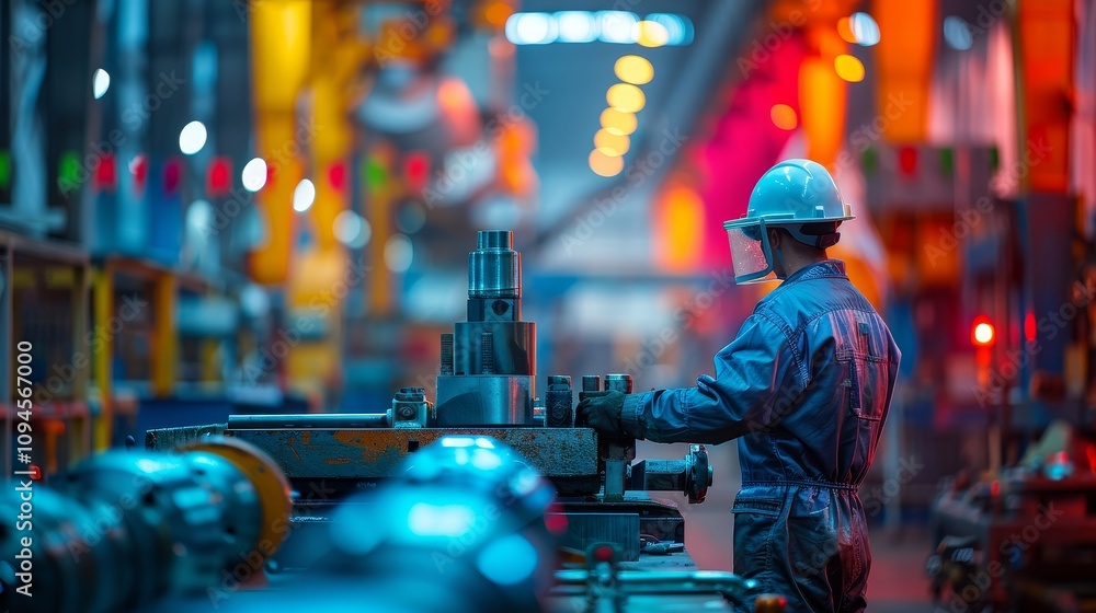 Poster a worker in a busy industrial factory setting