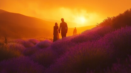 Obraz premium Silhouettes of Couple Walking Amidst Lavender Fields Under Sunset Glow