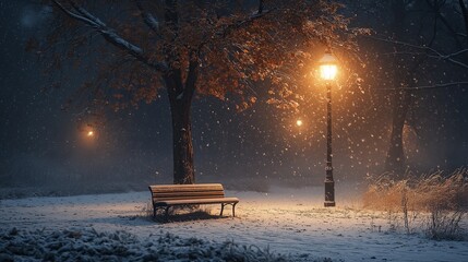Snowy park scene with illuminated lamp post and empty bench surrounded by trees