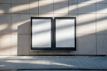 Dual blank white posters with black metal borders on a neutral concrete wall, natural light and shadows enhancing minimalist and contemporary look