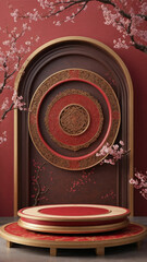 Luxurious red and gold circular display platform with cherry blossoms, perfect for product presentations or elegant backgrounds.
