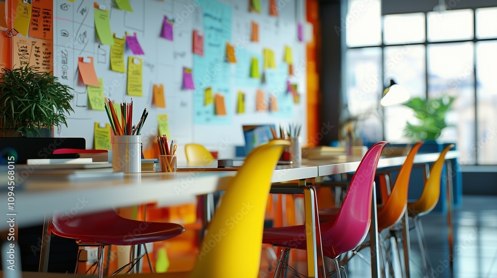 Poster colorful sticky notes on a wall represent task management in a collaborative workspace.