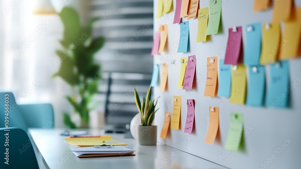 Poster colorful sticky notes on a wall symbolize task organization and time management.