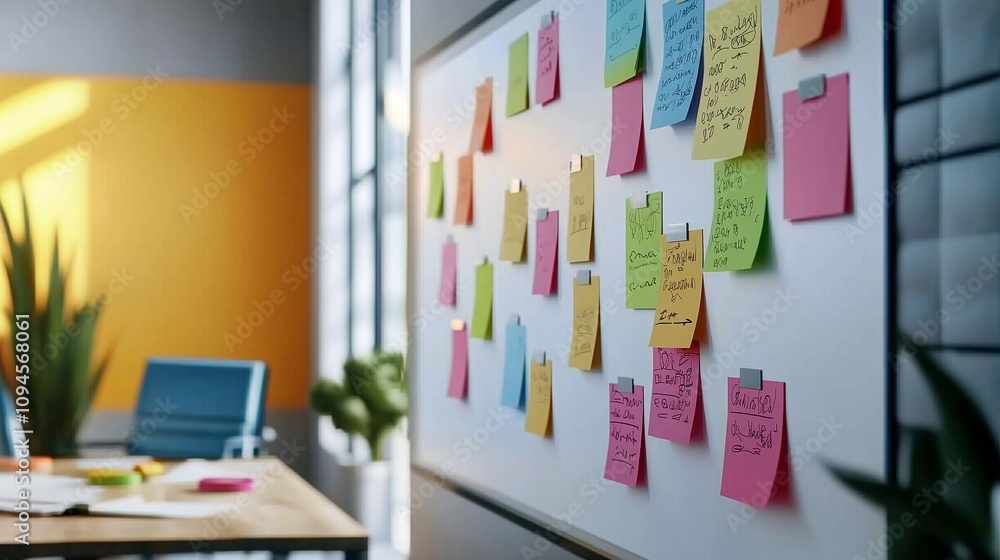 Poster whiteboard with colorful sticky notes symbolizes task organization and project planning.