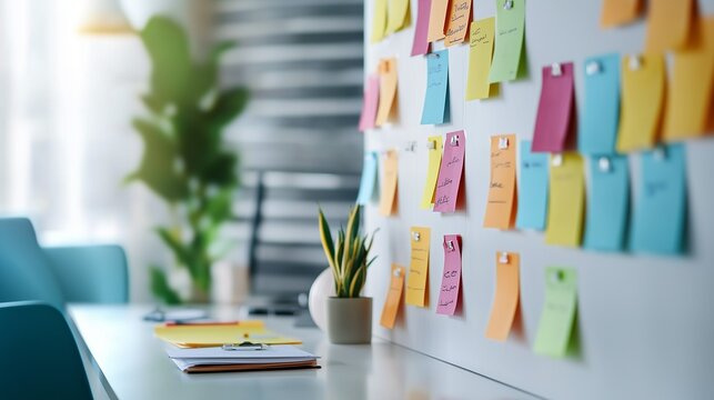 Colorful sticky notes on a wall symbolize task organization and time management.