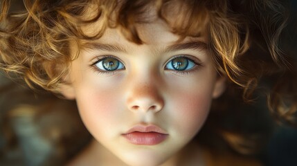 Fototapeta premium Close-up portrait of a young child with bright blue eyes and curly hair, featuring an intense gaze, with a softly blurred adult figure in the background.