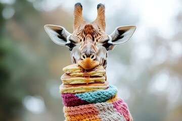 A giraffe with its neck wrapped in a colorful scarf, eating a stack of pancakes with syrup drips