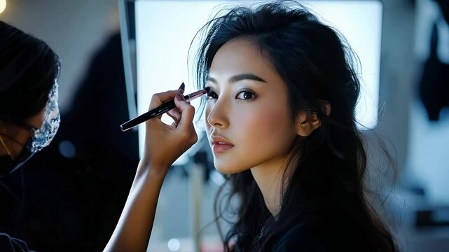 A talented artist is enhancing a model's beauty with skillful makeup application in a stylish studio. The atmosphere is serene, focusing on creativity and artistry.