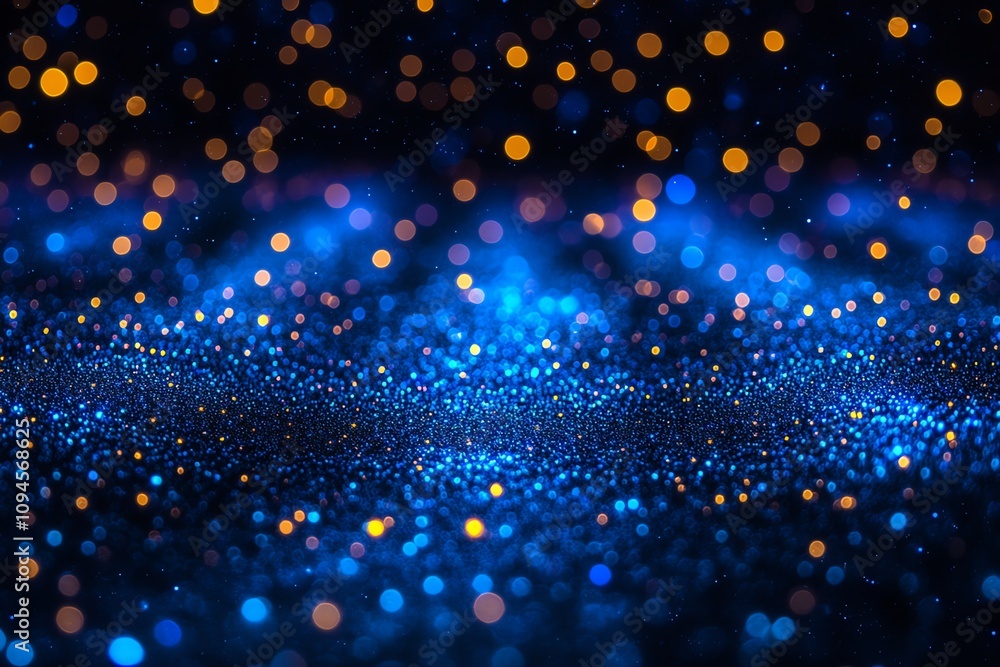 Poster a vibrant, shimmering background of blue and orange bokeh lights creating a dreamy atmosphere.
