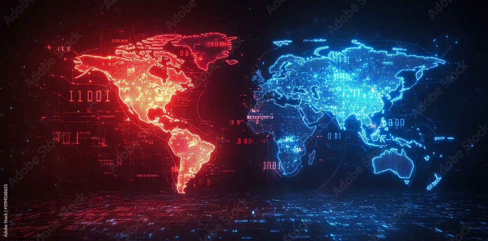 Poster two glowing digital world maps, one red and one blue, facing each other on a dark background with di