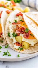 Breakfast tacos filled with eggs, bacon, and potatoes on a soft tortilla garnished with fresh herbs