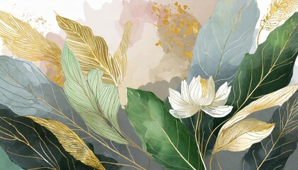 Elegant abstract art background featuring a luxury minimal style design. The composition includes delicate golden line art flowers against a modern, refined backdrop for a timeless