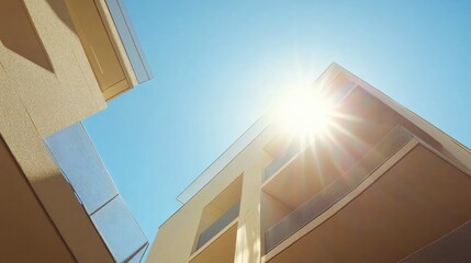 Contemporary apartment building illuminated by sunlight against a clear blue sky, showcasing modern architecture and vibrant colors.