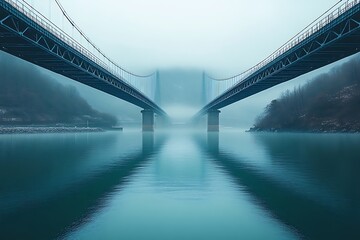 Two bridges vanish into the fog over a calm body of water.