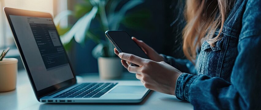 Close-up of a woman's hands using a mobile phone and laptop on a white desk, a panoramic banner with a copy space area for an online work or remote working concept