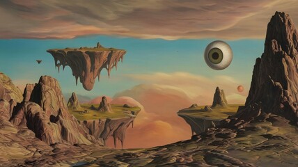 Surreal Landscape with Floating Islands, Rocky Terrain, and Giant Eye