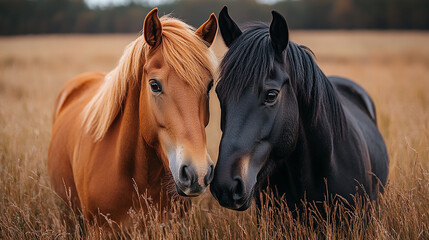 Obraz premium Two horses, one black and one light brown, are facing each other close together.