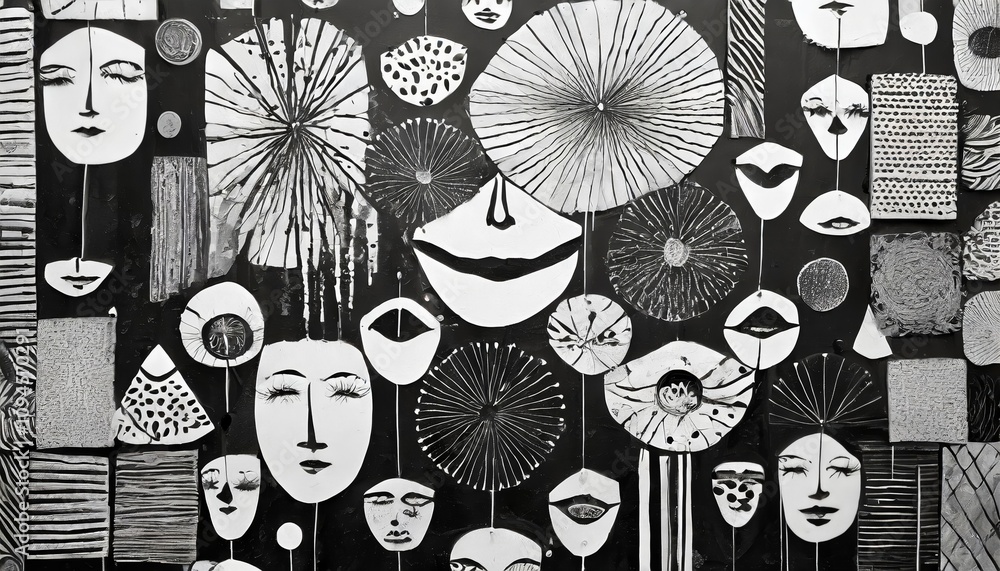 Poster abstract background with collage of faces in black and white enhanced by colorful elements exploring