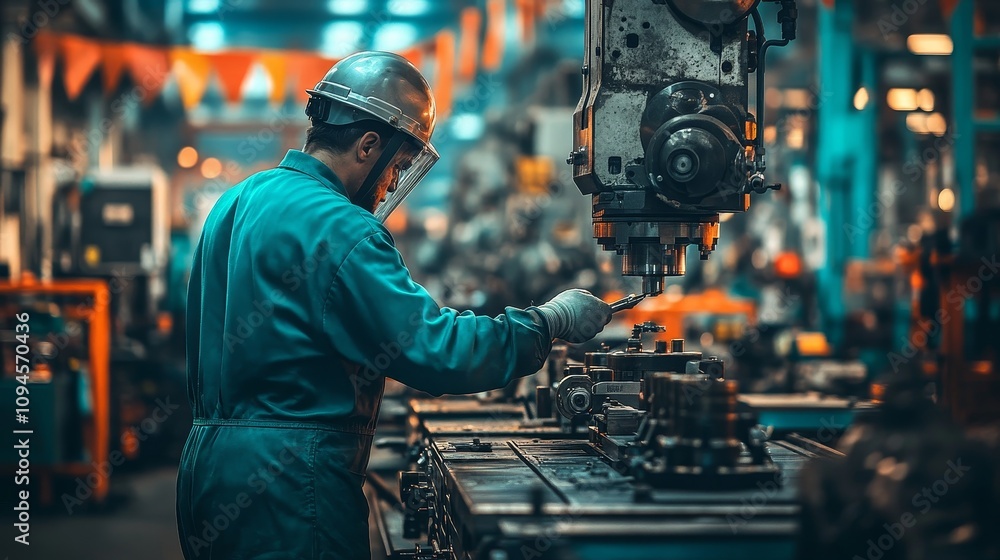 Poster a worker in a factory operating a machine