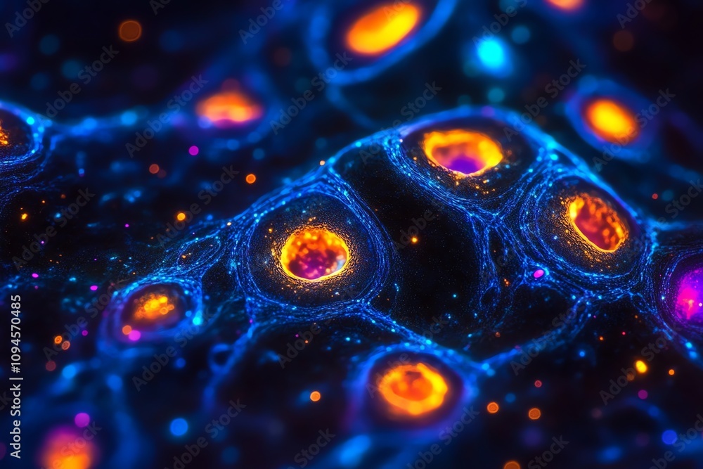 Poster vibrant microscopic view of cellular structures illuminated in blue and orange hues.
