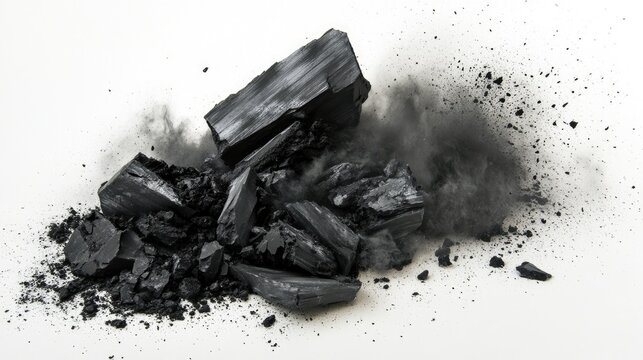 Charcoal fragments scattered amidst a thick black dust cloud, set against a clean white background, highlighting the contrast and texture of the materials.