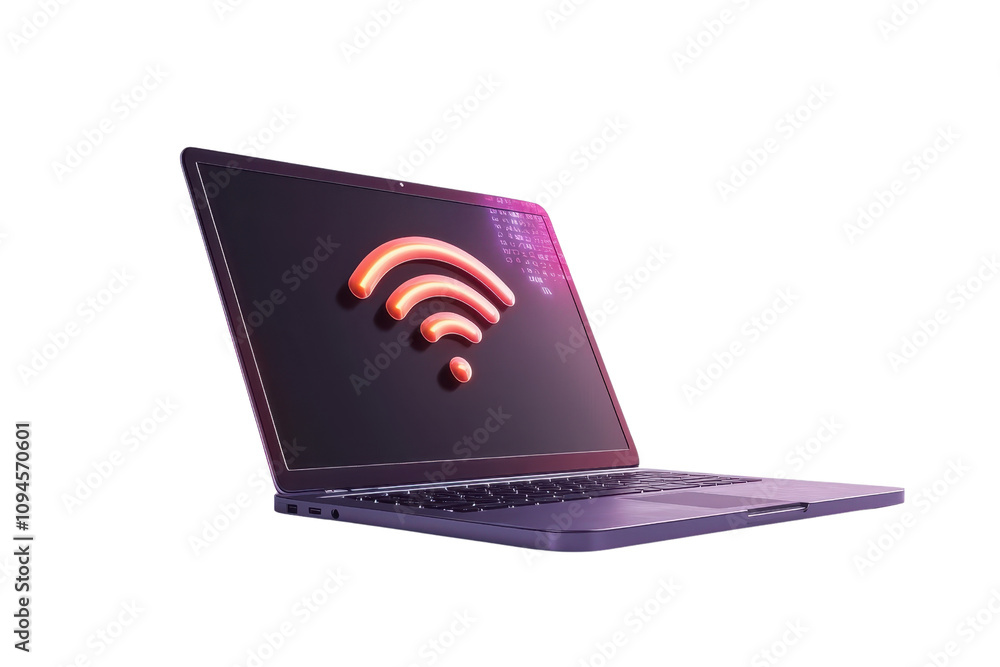 Poster a modern laptop displaying a colorful wi-fi symbol on its screen.