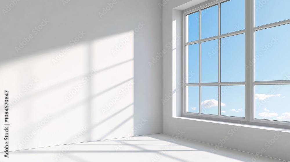 Poster Empty white room with large window showing blue sky and clouds