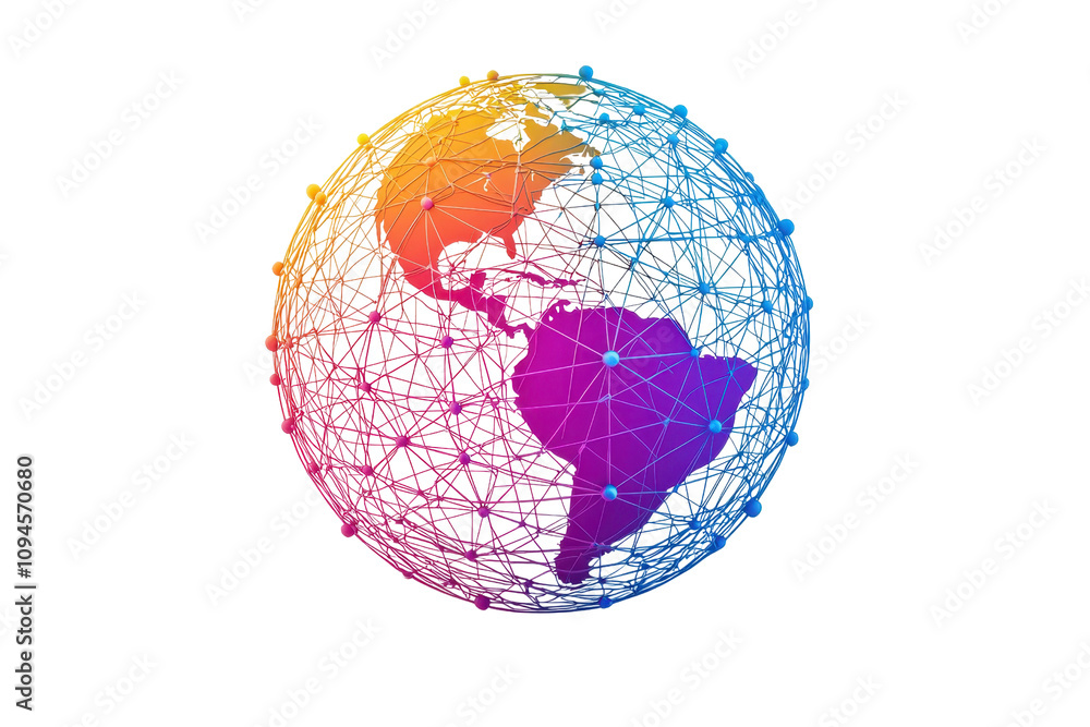 Poster a colorful, stylized globe composed of interconnected lines and nodes, representing a global network