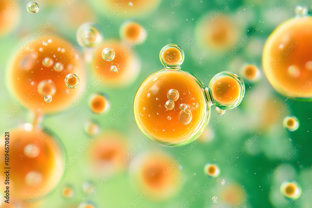 Poster abstract representation of spherical cells or bubbles in a vibrant, colorful environment.