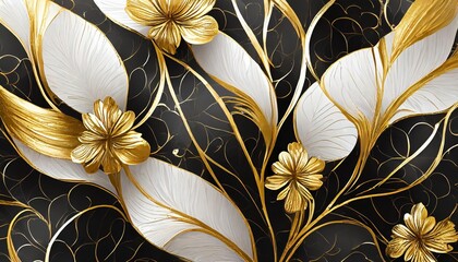 Elegant Abstract Black, Gold, and White Floral Pattern Background Featuring Sophisticated Botanical Motifs with a Luxurious Contemporary Design Ideal for Modern Decor and Art Projects