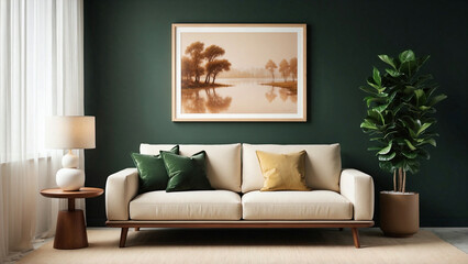 Stylish minimalist living room featuring a cream sofa, sepia landscape art, and lush green decor