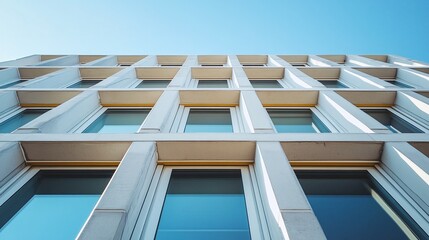Obraz premium Modern building facade reflecting blue sky on a sunny day