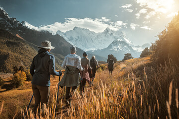 Group of friends hikers enjoying outdoor activities together in Himalayas, Nepal.