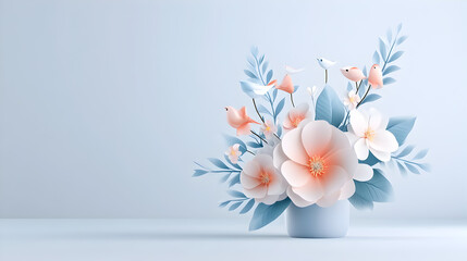 Obraz premium 3d illustration, white and pink flowers with birds