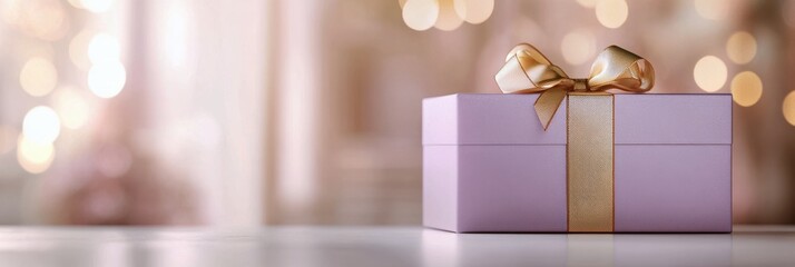 Beautifully wrapped gift box with golden ribbon on a table against a blurred festive background