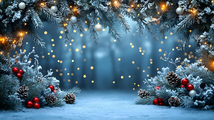 Snowy Christmas Tree Branches with Lights and Ornaments - Background Illustration