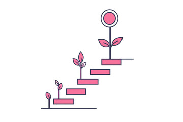 Fototapeta premium A stylized illustration of ascending steps with growing plants and a circular icon, symbolizing growth and progression.