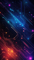 Vivid abstract digital circuit design with glowing lights on dark background