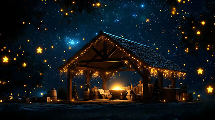 Nighttime Christmas Shelter with Lights and Stars 3D Illustration