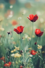 Colorful tulips blooming in a field during springtime with soft lighting and gentle background