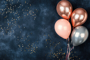 Colorful balloons on stunning dark background with sparkling confetti for festive celebrations