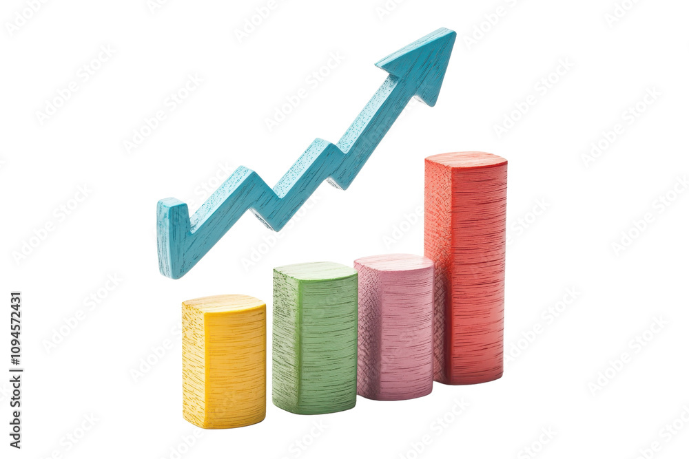 Poster colorful bar graph with an upward trend represented by an arrow, indicating growth and progress in m