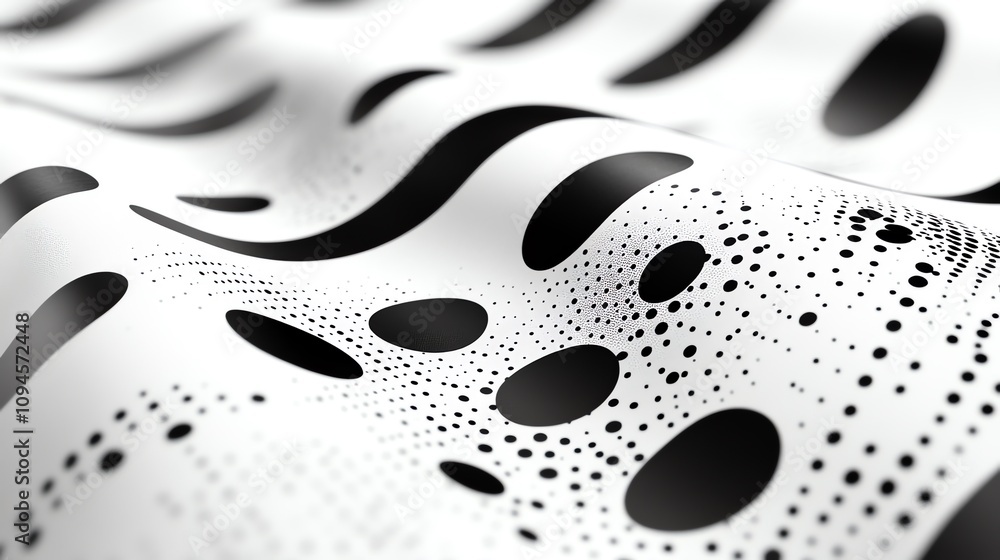 Poster Abstract black and white wave pattern with dots on a textured surface.